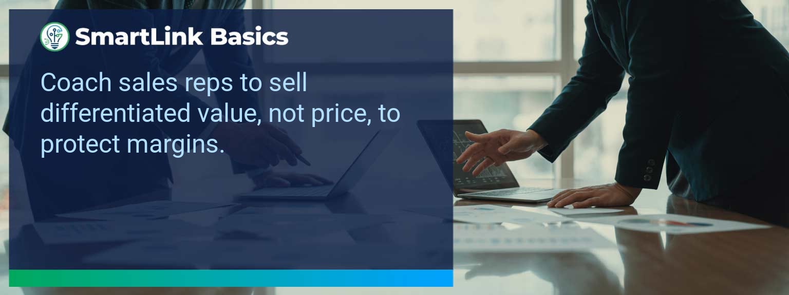 Sales leader coaching a rep on value based selling during a client call