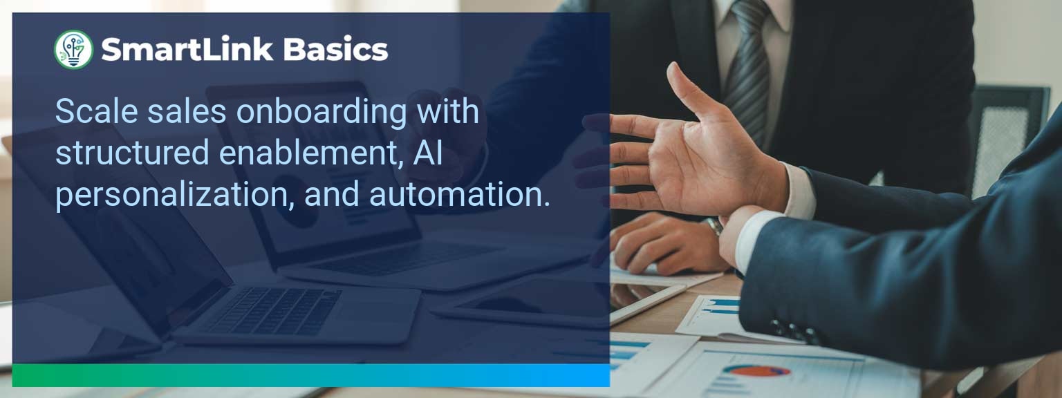 Sales leaders reviewing a Scalable Sales Onboarding roadmap with training modules and AI tools